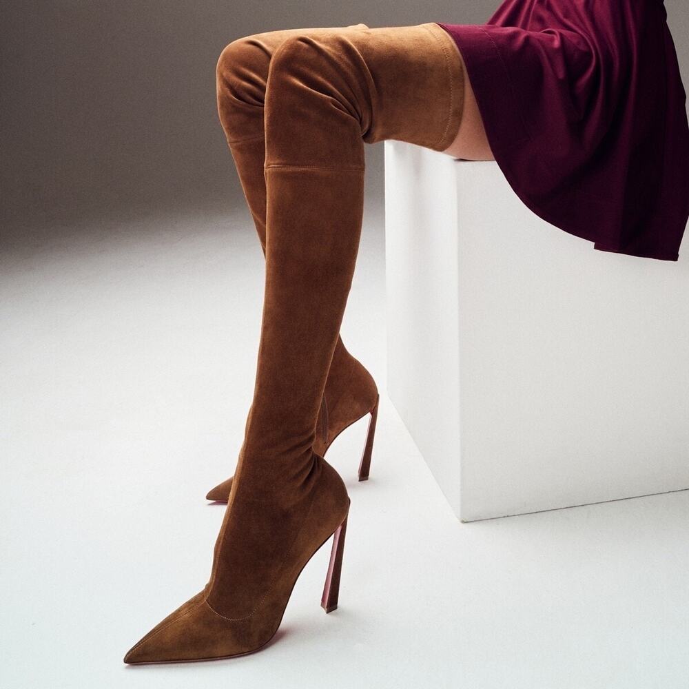Christian Louboutin Condora Botta Alta Camel Tan Suede Thigh High Boots EU 37